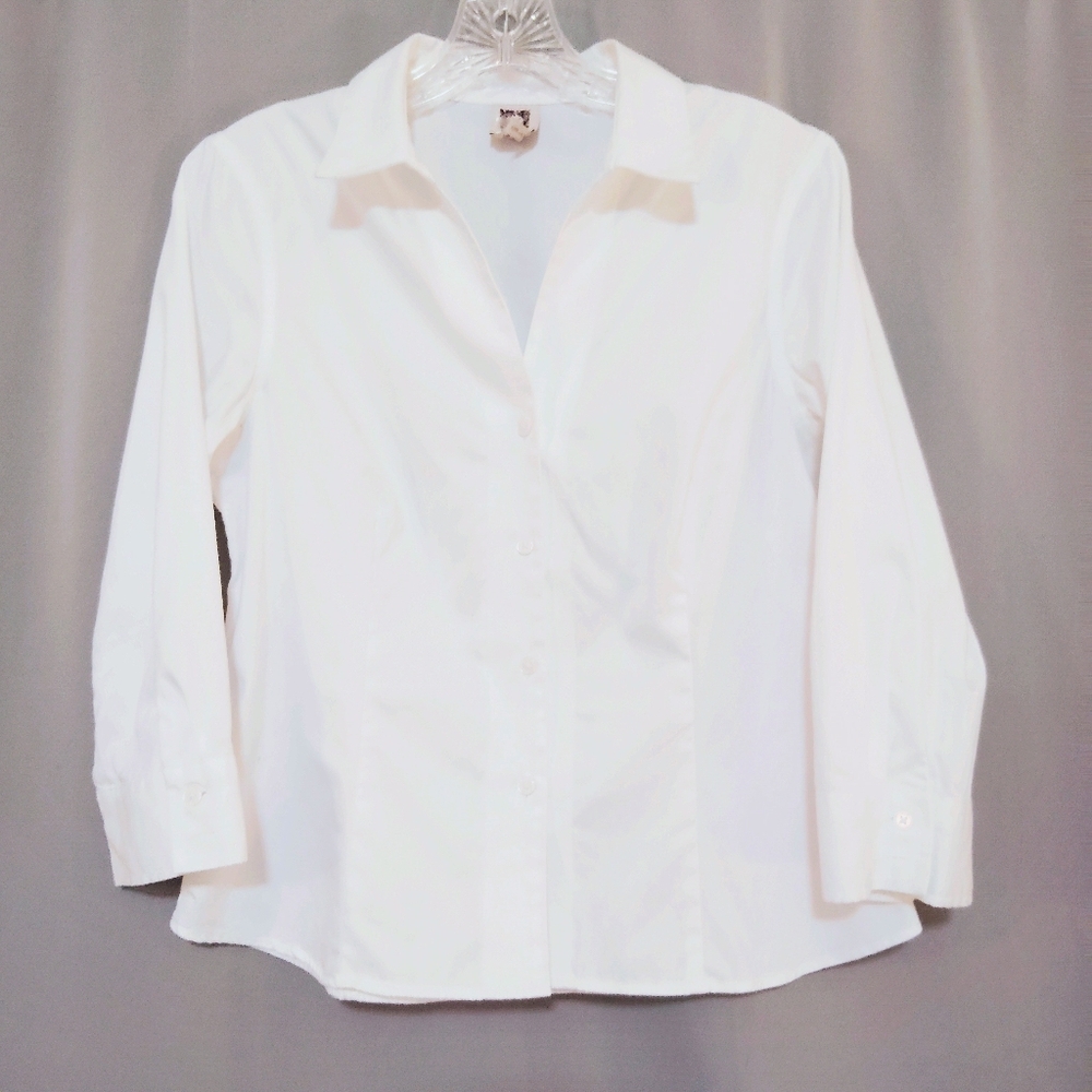 Anne Klein Women's PM White Blouse Feminine Dbl Collar Extended Neckline 3/4 Slv - Picture 3 of 12